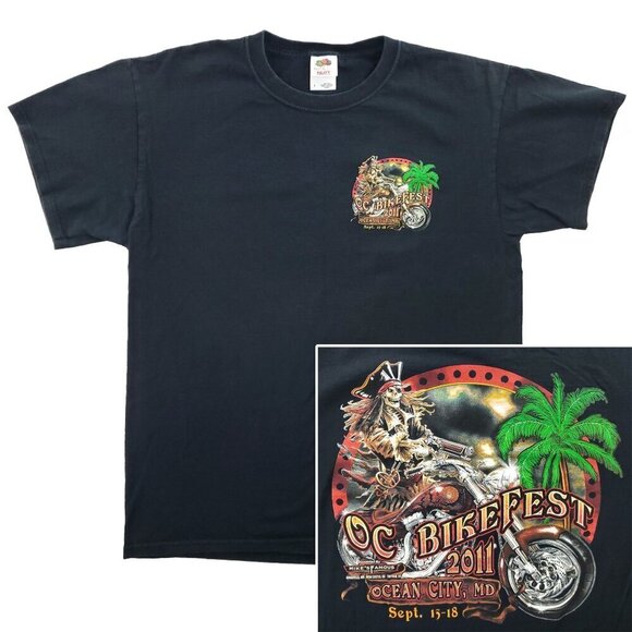 Ocean City Bikefest T-Shirt Pirate Skeleton Biker Palm Tree 2011 Maryland Large - Picture 1 of 9